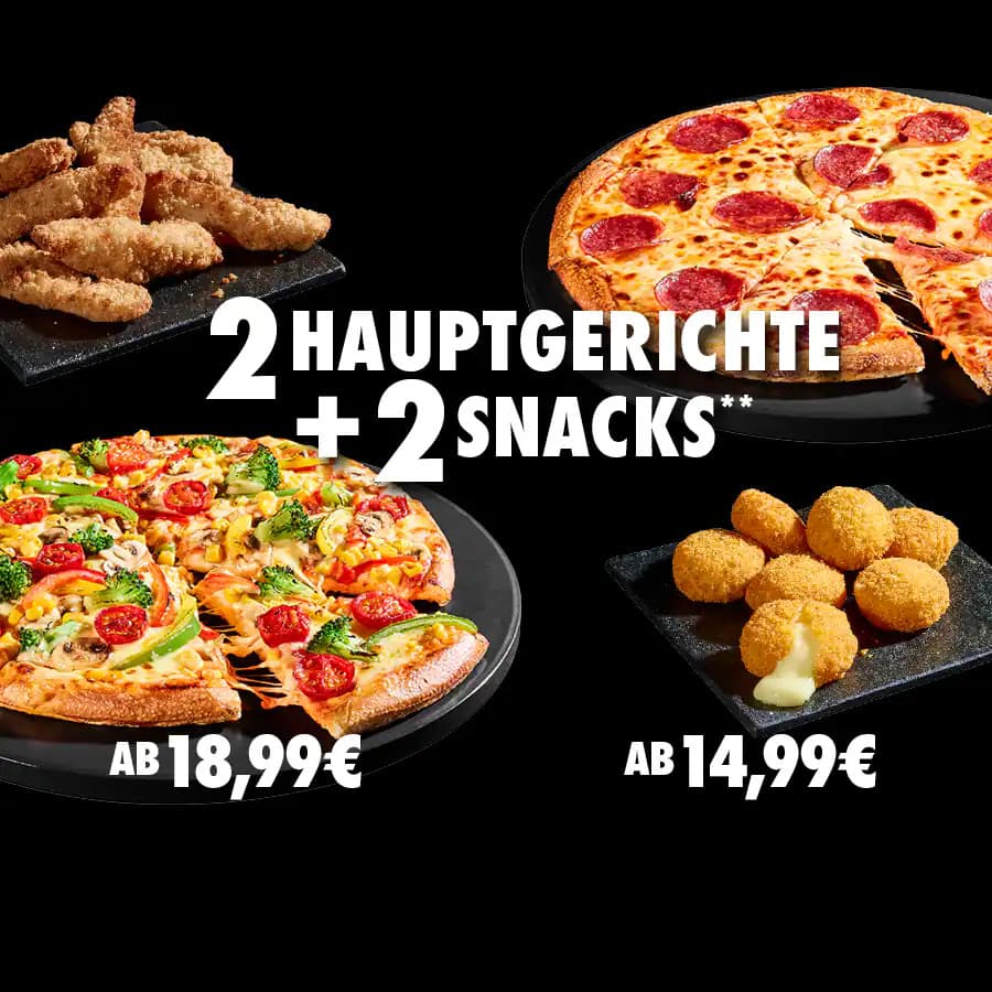 2 Pizzen + 2 Snacks ab 14,99€
