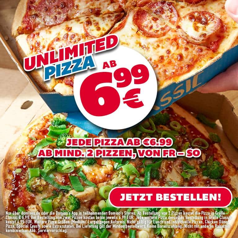 Jede Pizza ab 6,99€ ab mindestens 2 Pizzen.