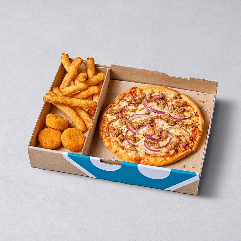 Die Domino's Box mit Rösti + Gouda Cheese Bites und eine Pizza Tuna