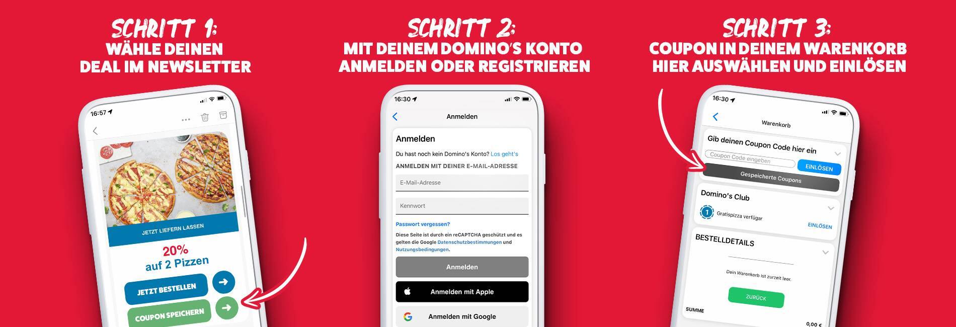Schritte um Coupons bei Dominos zu speichern