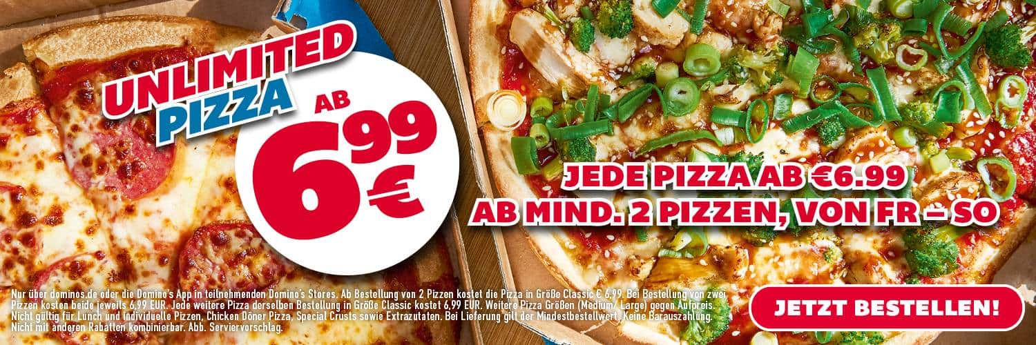 Jede Pizza ab 6,99€ ab mindestens 2 Pizzen.