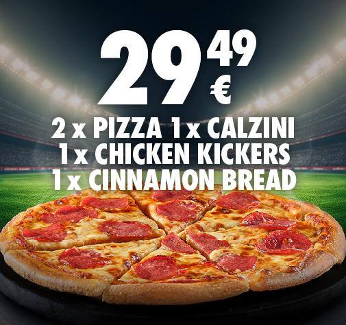 29,59€ 2 Pizzen + 1 Chicken Kickers + 1 Cinnamon Bread