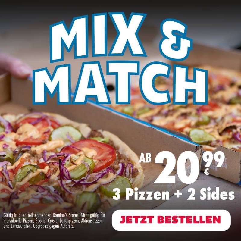 Dominos Mix & Mtach Angebot 3 Pizzen + 2 Sides